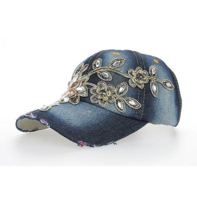 China Wholesale Hot Sale JOINT Logo Denim Hat Bling Bling Custom 6 Panel Rhinestone Baseball Cap With Flower for sale