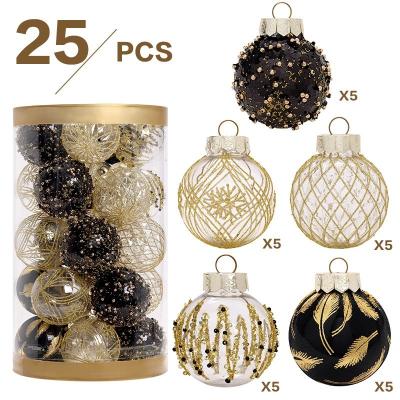 China Modern 6cm 25pcs Fashion Christmas Tree Decorations Plastic Decorative Ball Black Gold Boutique PET Painted Christmas Ball Sets for sale