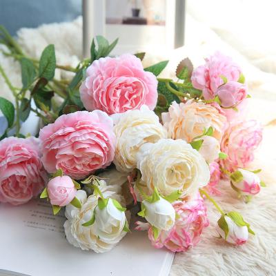 China Modern Wedding Flower Arrangement Rose Peony Artificial Silk 3 Heads Purple Peony Flowers For Wedding Home Decoration for sale