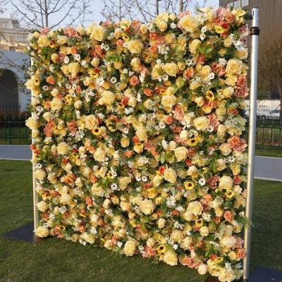 China Durable Customized Artificial Silk Flower Roll Up Flower Wall Rose Yellow flower wall backdrop for wedding decoration for sale