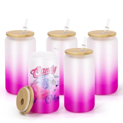 China Stocked USA Warehouse Beer Can 16 Ounce Frosted Sublimation Gradient Color Glass Cans With Lid And Straw for sale