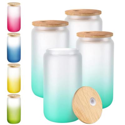 China Stocked Wholesale Beer Mug Glass Cans 16OZ Sublimation Blanks Gradient Frosted Beer Glass Can With Lid And Straw for sale