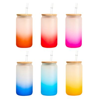 China Stocked Us Warehouse Reusable Glass Water Bottle 16 OZ Gradient Colorful Frosted Glass Jar Sublimation Beer Can With Lid And Straw for sale