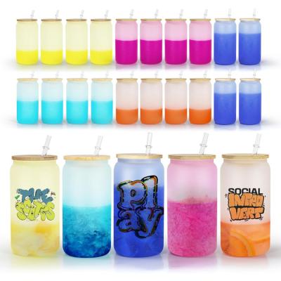 China Blank sublimation US Warehouse Sublimation Frosted Blanks 16OZ Cold Color Changing Beer Glass Cup Can With Wooden Lid And Straw for sale