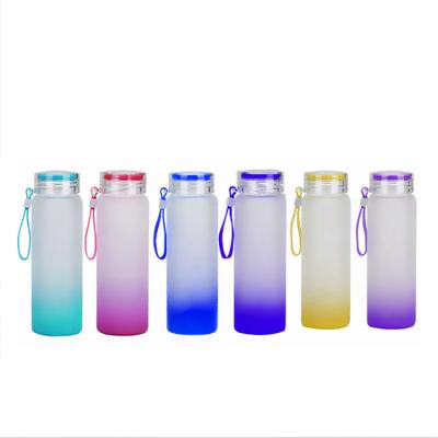 China Sustainable Wholesale Gift Promotional  Portable Colorful Glass Bottle Frosted Drinkware Color Glass Water Bottle With Cover for sale