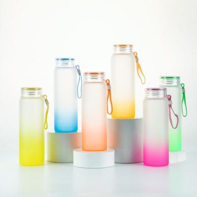 China Sustainable Wholesale Creative Portable High Borosilicate Colorful Glass Water Cup BPA Free Frosted Gradient Color Glass Water Bottle for sale