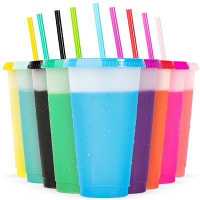 China Sustainable Reusable Summer Coffee Plastic Tumblers Cup Cold Color Changing Cold Drink Cup Plastic Cup With Lid And Straw for sale