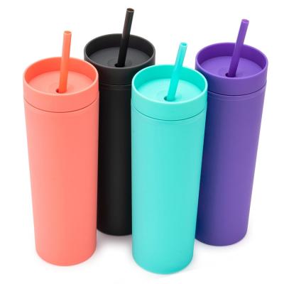 China Sustainable Wholesale Reusable Eco-friendly Colorful Plastic Skinny Double Wall Matte 16OZ Acrylic Tumbler Cup With Lid And Straw for sale