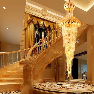 China Luxury Modern Golden Crystal Stair Lamps Hotel Villa Long High Chandelier Ceiling Lights for sale