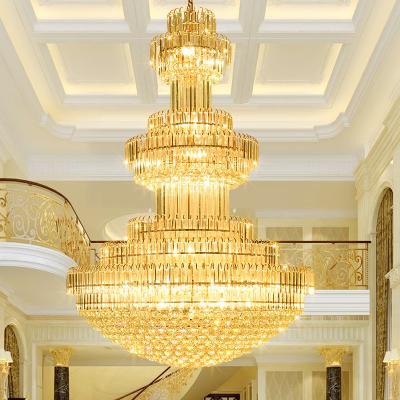 China Modern Retro Staircase Chandelier Lights Hotel Lobby Gold Crystal Chandelier Hanging Pendant Lamp for sale