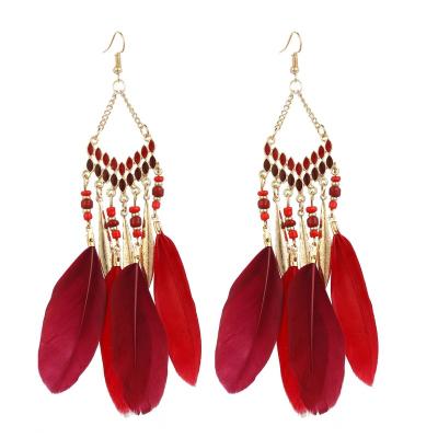 China Vintage Hot Selling Bohemian Feather Fringe Drop Earrings For Women Fashion Boho Feather Tassel Earrings Jewelry Set for sale