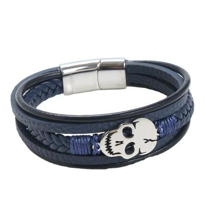 China 2023 new personality punk skull titanium steel trend multilayer hand-woven leather men's bracelet for sale