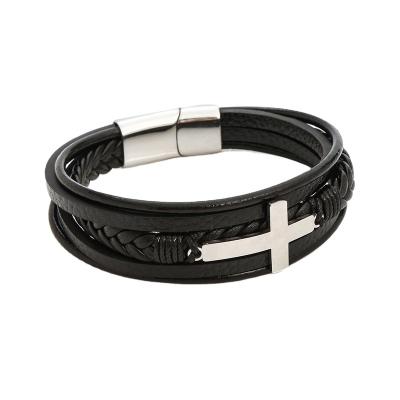 China Punk 2023 new popular accessories Europe and America stainless steel fashion cross bracelet multi-layer woven leather men's bracelet for sale