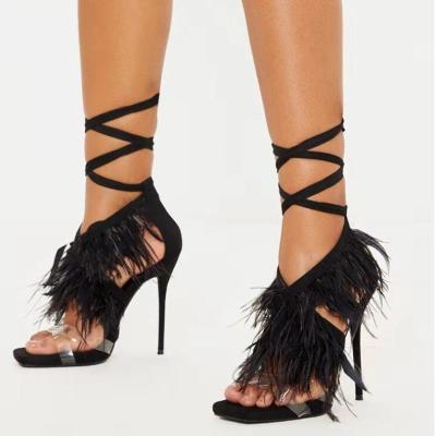 China Stylish Open Toe Heeled Sandals Women Shoes Pumps Casual Lightweight Feather Suede Dress Ball Bandage for sale