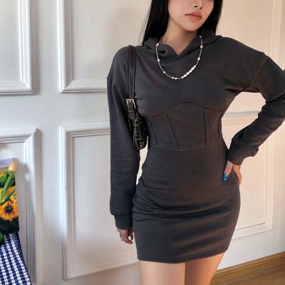 China Anti-wrinkle Fashion Harajuku Solid Color Corset Sweater Dress Long Sleeve Women Hoodies Dress for sale