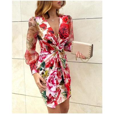 China Elegant Mesh Floral Print Twisted Waist Midi Anti-Static Dress Night Out Bodycon Dress Dress for sale