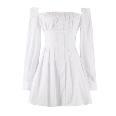 China Chic Female Slash Bar Shirt Long Sleeve White Plus Size Women Ruffle Casual Mini Dress for sale