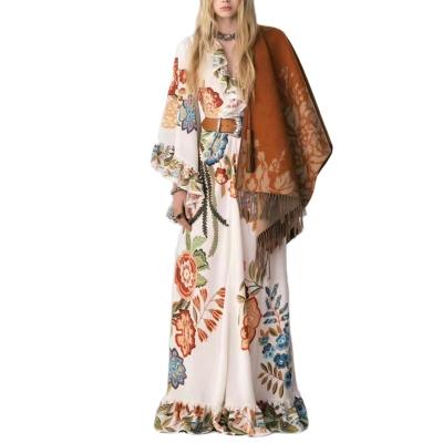 China 2022 New Anti-Static Women Flower Printed Beach Dress With Belt Ruffled Collar Flare Sleeve Maxi Dress for sale