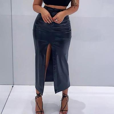 China Breathable Solid PU Leather Long Skirt Women Fashion High Waist Split Lady Casual Straight Skirt Clothing for sale