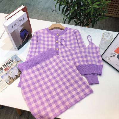 China Anti-pilling 2022 Soft Spring Plaid Women Sheath Long Sweater Spaghetti Strap Vest Skirt 3 Piece Sets for sale