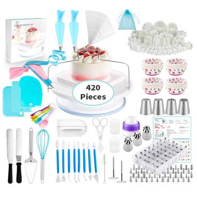 China Amazon Sustainable Hot Selling 420 Pieces Cake Decorating Turntable Cake Stand Kit Baking Tools for sale