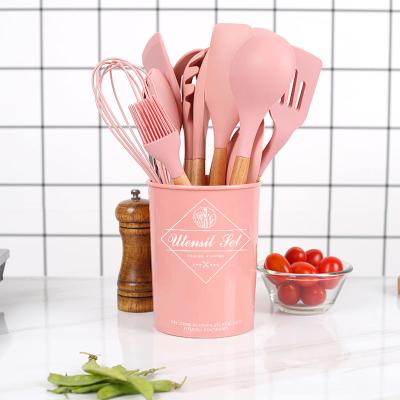 China Different Types Wooden Handle Silicone Kitchen Utensil Wholesale Hot Selling Sustainable Non-Stick Cooking Set for sale