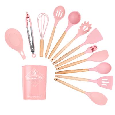 China Food Sustainable Kitchen Utensils Set 13pcs OEM Silicone Wooden Spoon With Wooden Handle Kitchen Accessories for sale