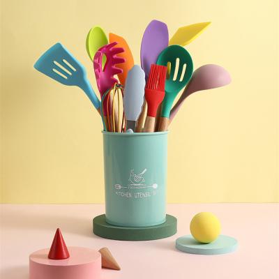 China Viable Wholesale Custom Colors Non-Stick Silicone Spatula Kitchen Accessories 11pcs Cooking Tools Utensils Kitchen Set With Wooden Hand for sale