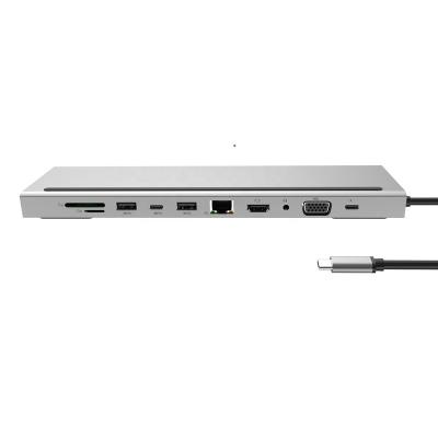 China Aluminum 11 in 1 USB Type-C Hub to Dual HD Compati Rj45 USB 3.0 Multi Power Adapter Docking Station for Laptop Support PD Charging for sale