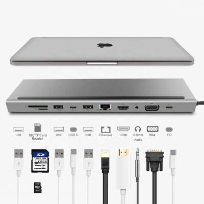 China Factory Aluminum 11 in 1 USB VGA RJ45 Palladium Type C Hub Adapter Laptop Docking Station Charging for Mac Notebook for sale