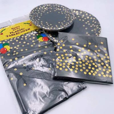 China 2022 Gold Dot Birthday Paper Plates Cups Disposable Black Tablecloth Napkins Party Tableware Kit for New Year Graduation Birthday Party for sale