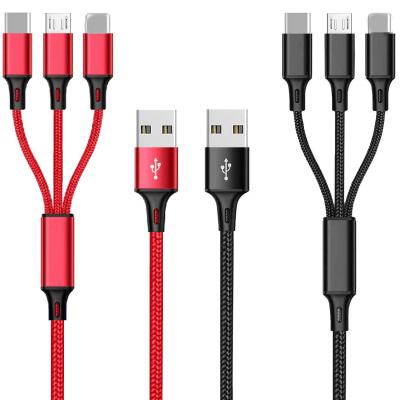 China Low Cost 2.4A Nylon 3 USB 2.0 in 1 USB Cable For iPhone 8pin Micro USB TYPE C Fast Charging 3in1 Cable for sale