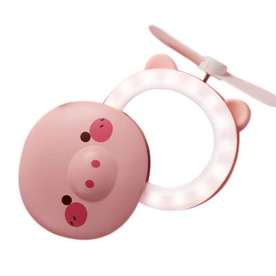 China 2019 New Product Plastic Pig Holder LED Mini Fan Handheld Fan Makeup Mirror With Selfie Led Light for sale