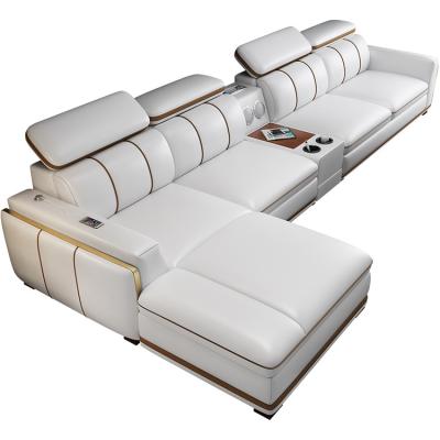 China 2022 hot sale luxury convertible USB charging white leather couches and audio sofas set modern for living room for sale