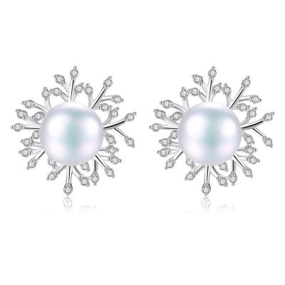 China New Arrival Trendy 925 Silver Flower Stud Pearl Earrings CZ Stone Fashion Silver Earrings Latest For Women for sale