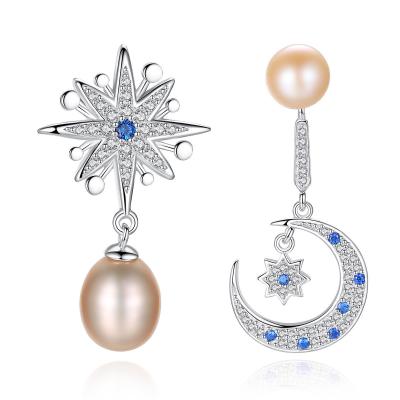 China TRENDY 925 Silver Women Moon and Star Fashion Asymmetric Zircon Pearl Dangle Earrings for sale