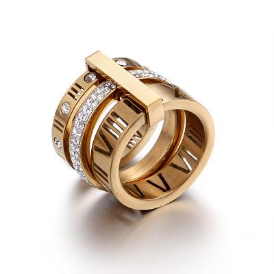 China Wholesale Personalized Fashion TRENDY 18k Gold Plated Stainless Steel Stackable Diamond Roman Numerals Ring for sale