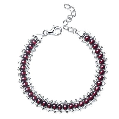 China Adjustable 925 Sterling Silver Garnet Beads Fashion Jewelry Women Trendy Bangle Bracelet for sale