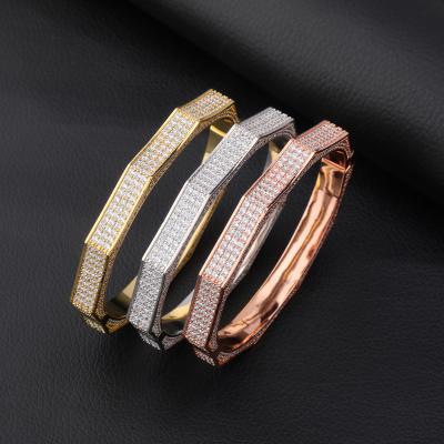 China Radiation& Corrosion Resistance 18k Gold Plated Hip Hop Diamond White Gold And Rose Gold Micro Paved Cubic Zircon Lced Out Cuff Bangle Bracelet For Men for sale