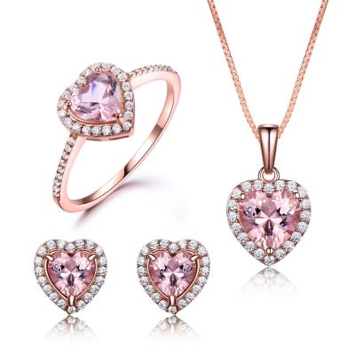 China Trendy Fashion Jewelry 925 Sterling Silver Wedding Heart AAA Pink Zirconia Rose Gold Women Jewelry Set for sale