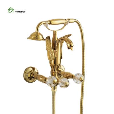 China Without Slide Bar Gold Bathtub Faucet Swan Wall Mounted Bath Water Faucet With Telephone Hand Held Shower Head for sale