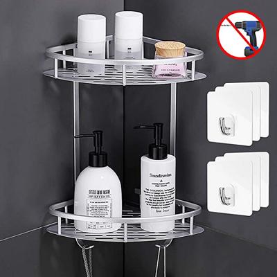 China Wall Mounted Type Flowmist 2 Tiers Corner Shower Caddy Shower Organizer Wall Mounted Aluminum Shower Shelf With Adhesive Storage Holder for sale