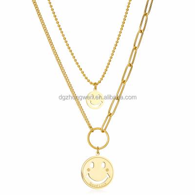 China Hip Hop 18k Gold Plated Necklace Hip Hop You Are My Sunshine Double Layered Stainless Steel Women Smile Face Necklace for sale