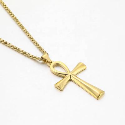 China Religious Jewelry Hip Hop Inspired 14K/18K Gold Plated Ankh Cross Steel Cross Titanium Stainless Steel Necklace Pendant Necklaces for sale