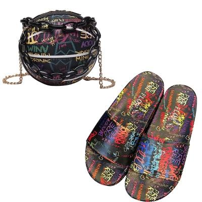 China Fashion Free Shipping Womens Graffiti Slippers Basketball Purse Set Open Toes Slippers With Purses Fashion Ladies Slides Handbags for sale