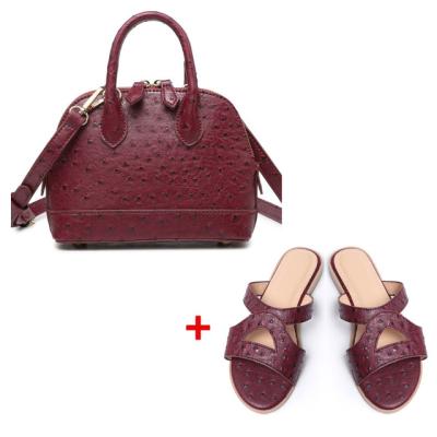 China Fashion Ladies Handbag Match High Quality Ostrich Leather Slips Purse Handbag And Slipper Custom Set for sale