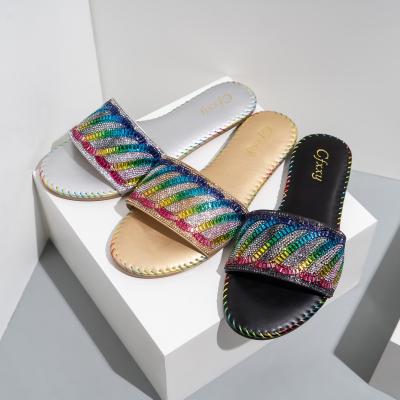 China 2021 Fashion Trend Casual Slides Sandals For Women Anti Slip Diamond Rhinestones Women Flat Slipper for sale