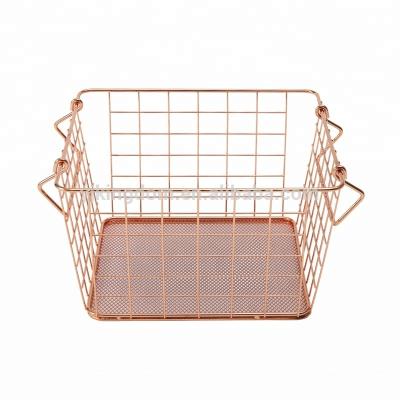 China OEM 550-60C Sustainable House Square Shape Metal Wire Rose Gold Storage Basket With Handles for sale