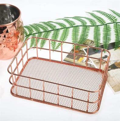 China OEM 550-14B Sustainable Home Rose Gold Metal Wire Storage Decorative Small Size Basket with Mesh Bottom for sale