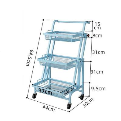 China Household Carbon Steel 3 Tier Kitchen Storage Rack Stand Trolley Foldable Kitchen Organizer Trolley With Wheels for sale